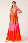 REGAL RISE WOVEN COLOR BLOCKED MAXI DRESS