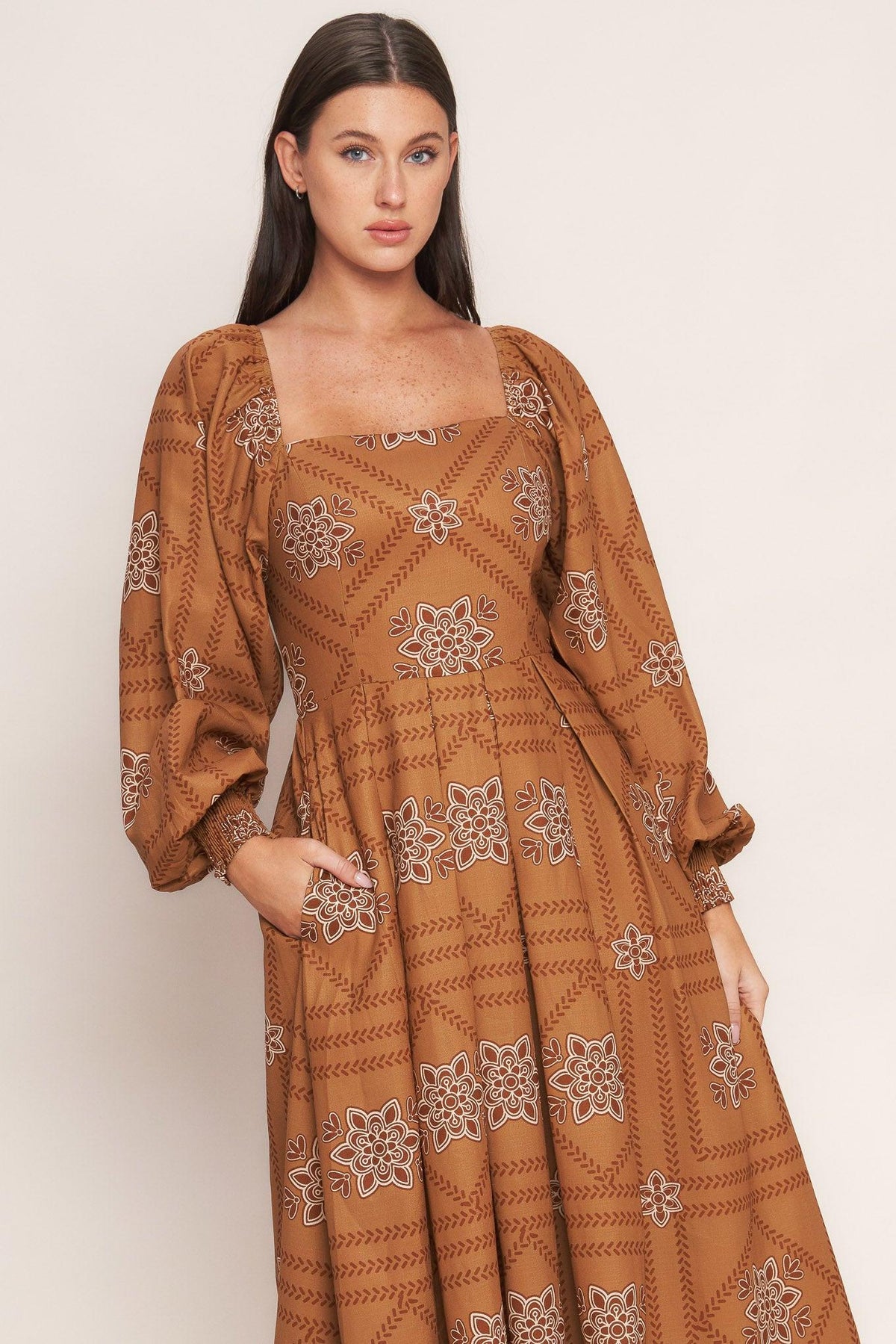 SOUTHWEST SQUARES WOVEN MIDI DRESS