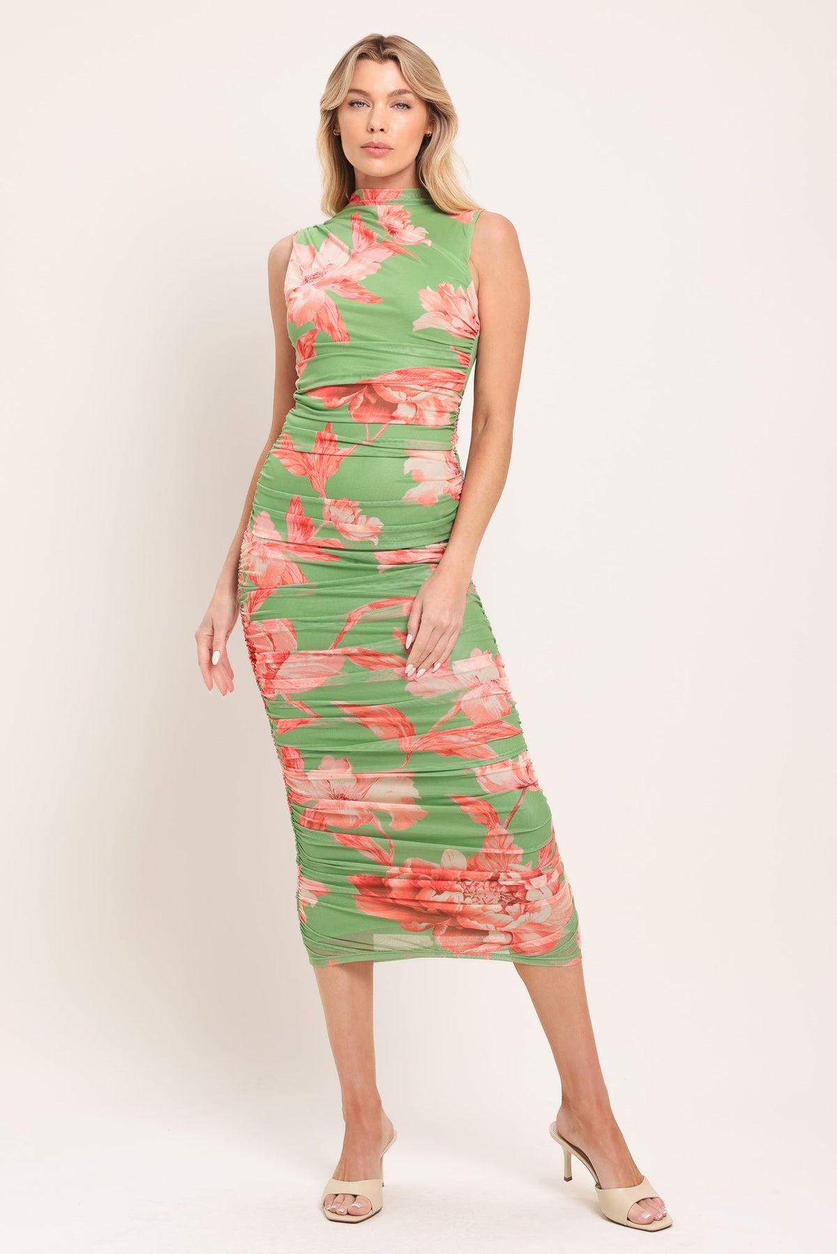 PARADISE GLOW POWER MESH MIDI DRESS