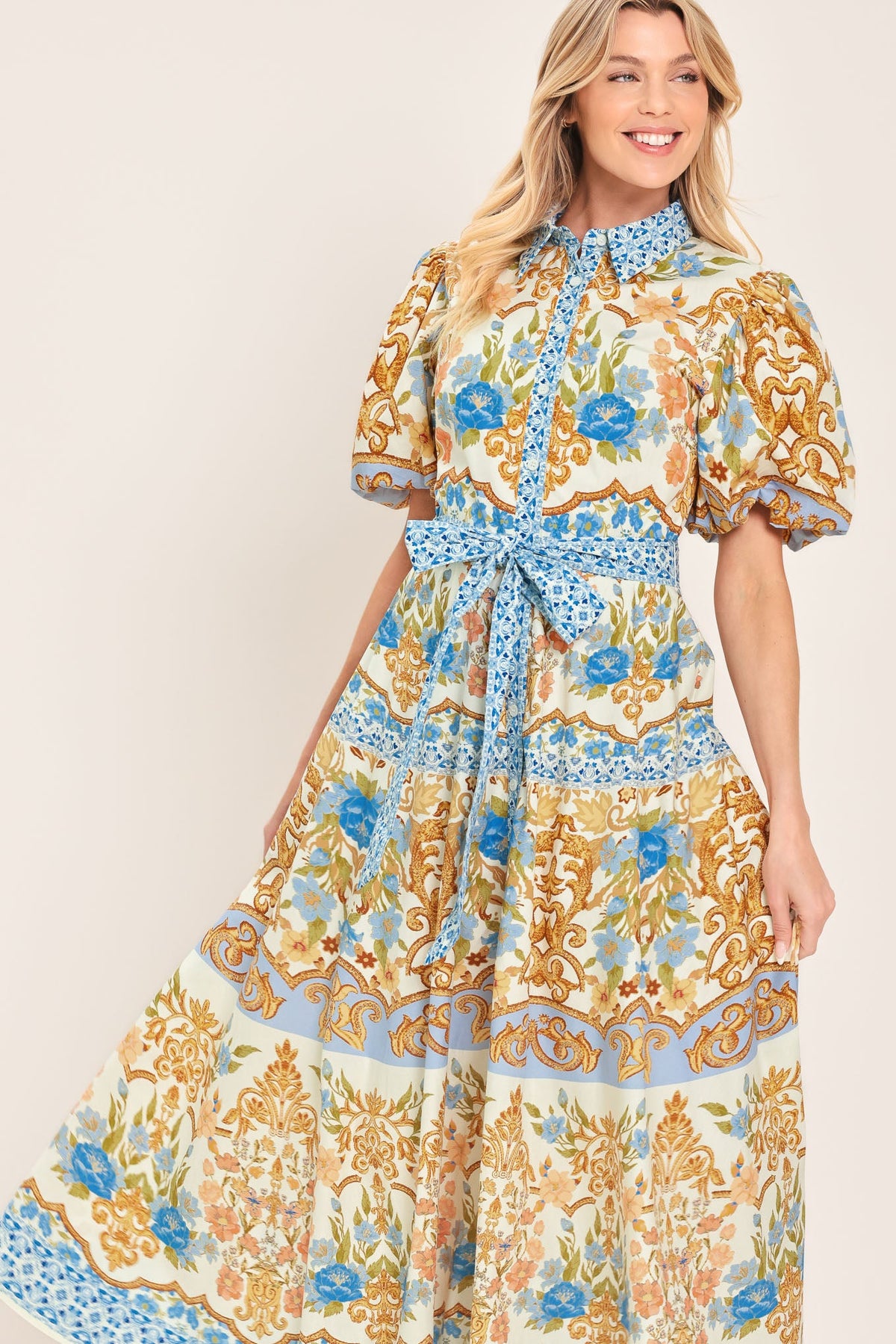 ROYAL GARDEN SOIREE WOVEN MIDI SHIRT DRESS