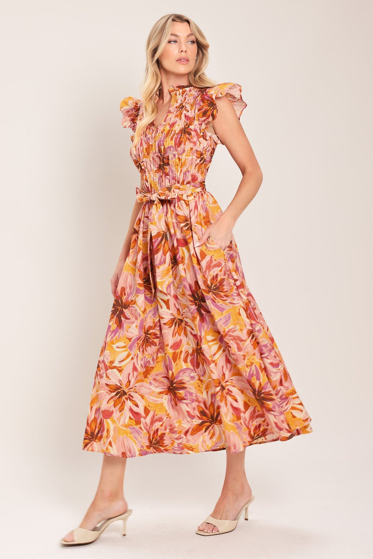 APRICOT BLOSSOM WOVEN MIDI DRESS