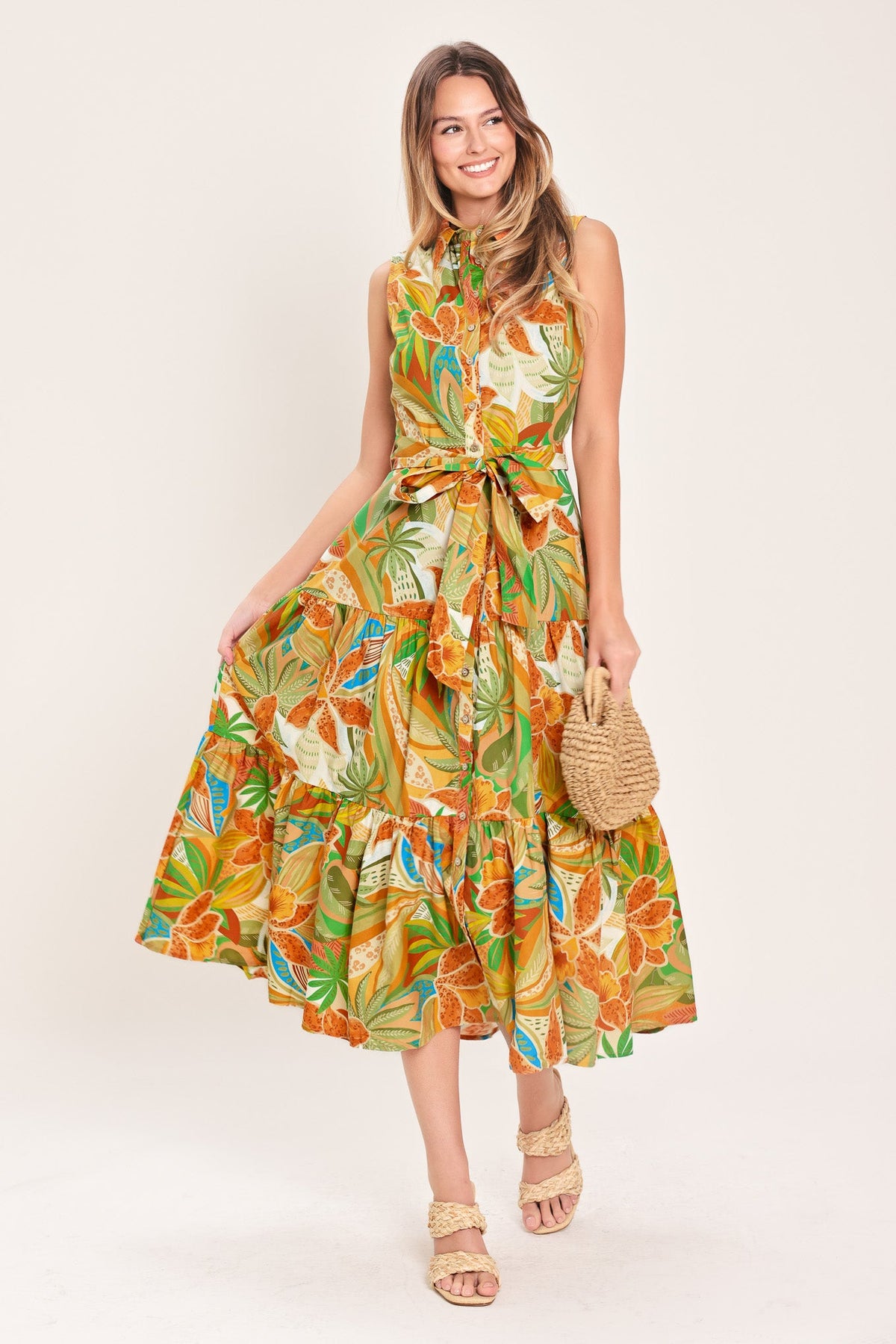 TROPICAL BLOOM TIERED WOVEN MIDI SHIRT DRESS