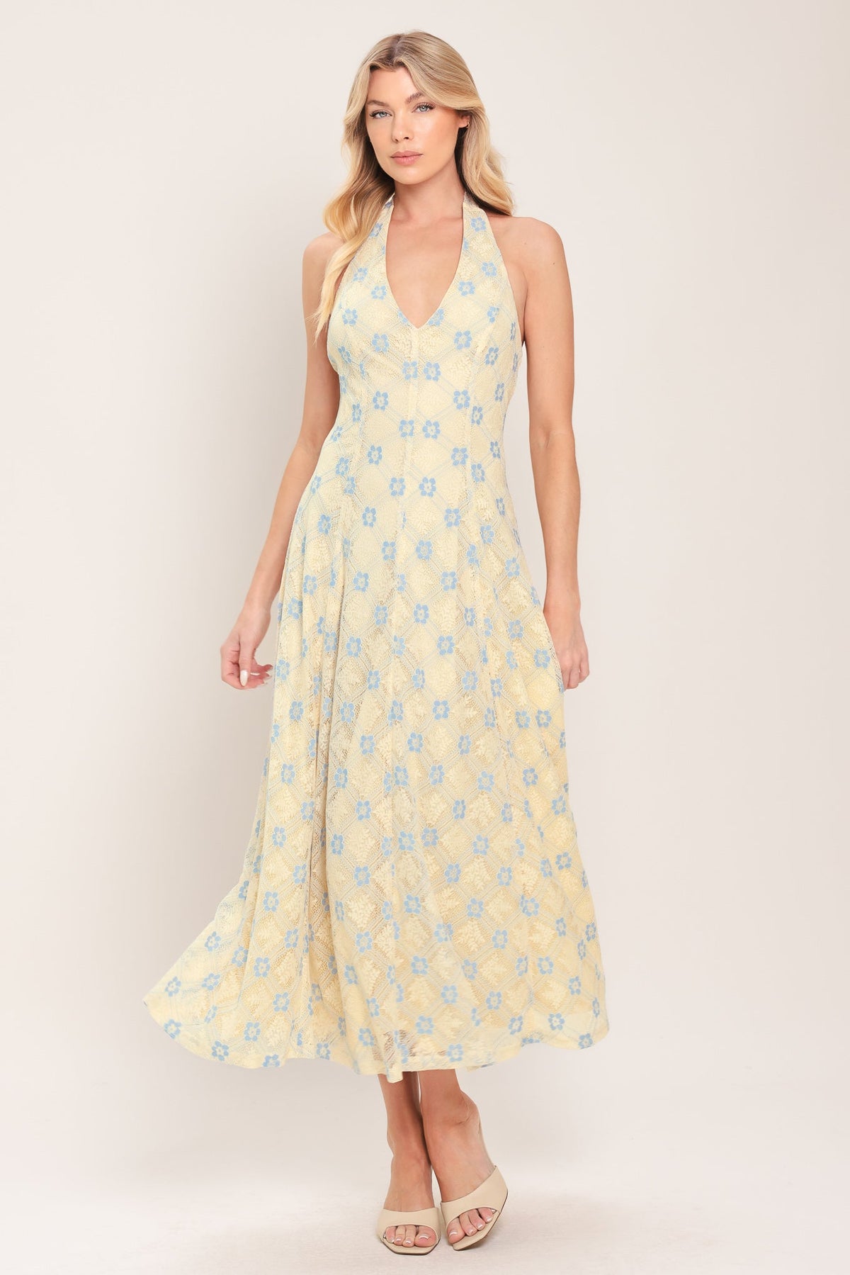 DELICATE BLOOM HALTER WOVEN LACE MIDI DRESS