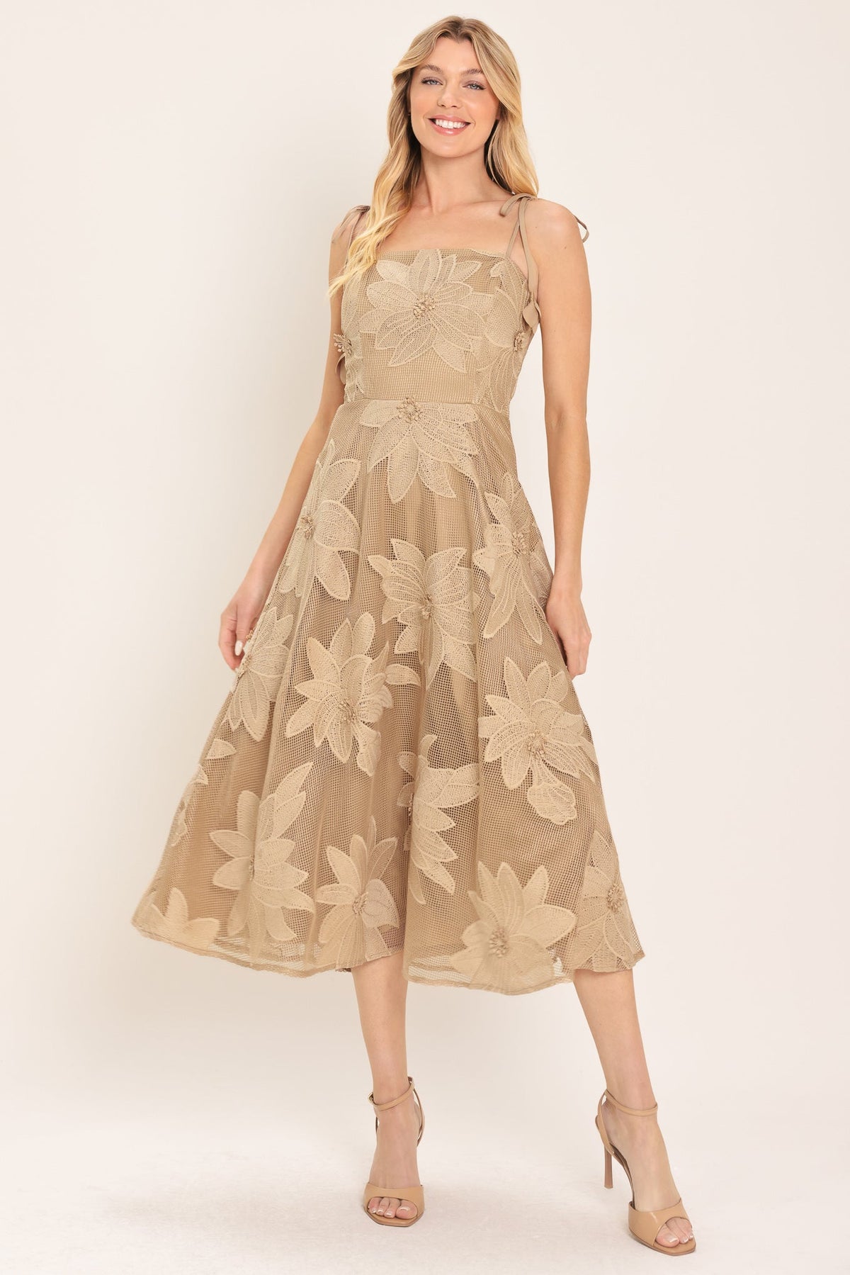 SANDY BLOOM FLORAL WOVEN LACE MIDI DRESS