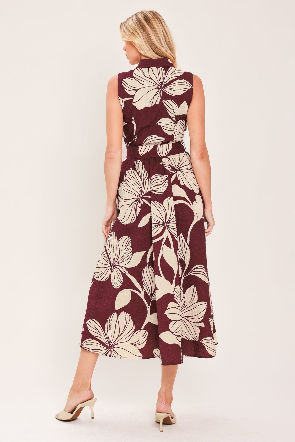 CLARET FLORAL DAY WOVEN MIDI DRESS