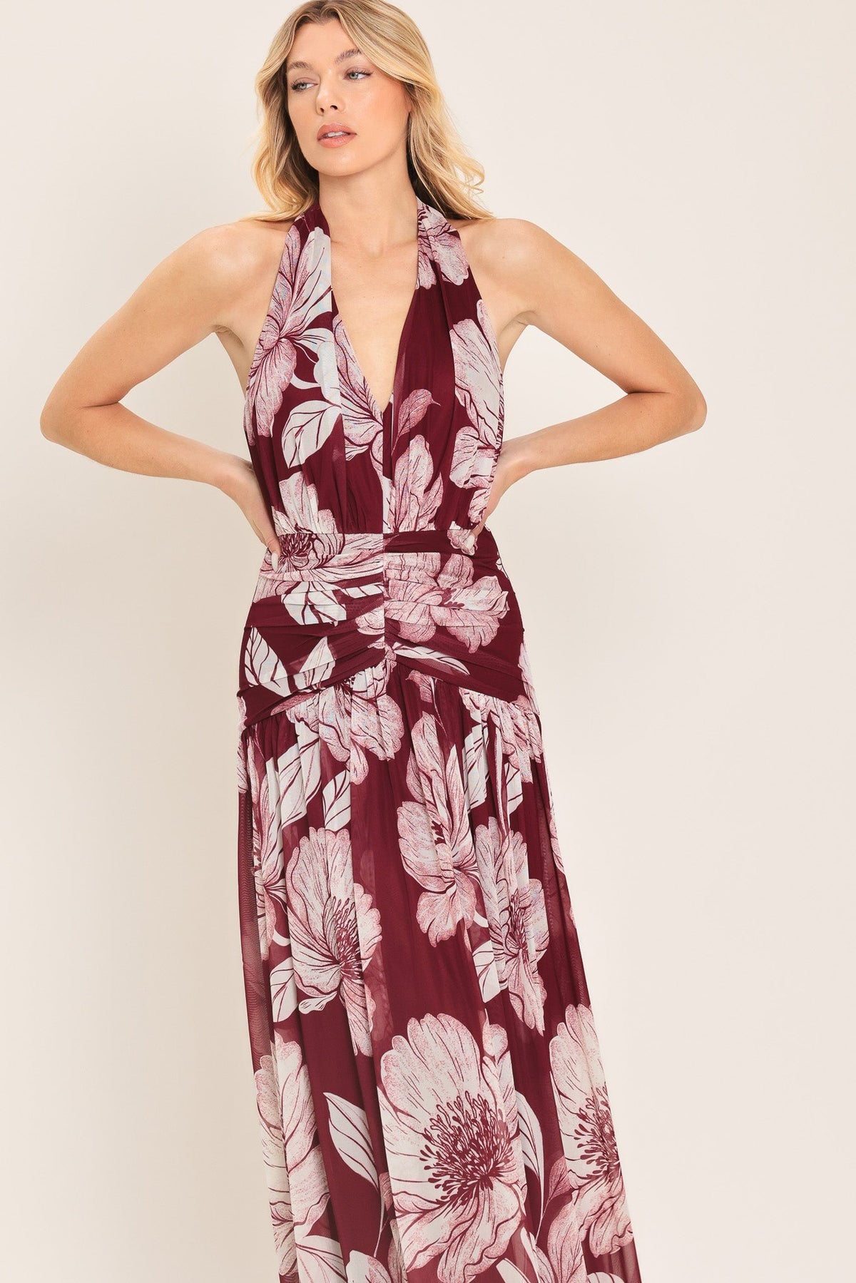 ROSEWOOD ROMANCE POWER MESH MAXI DRESS