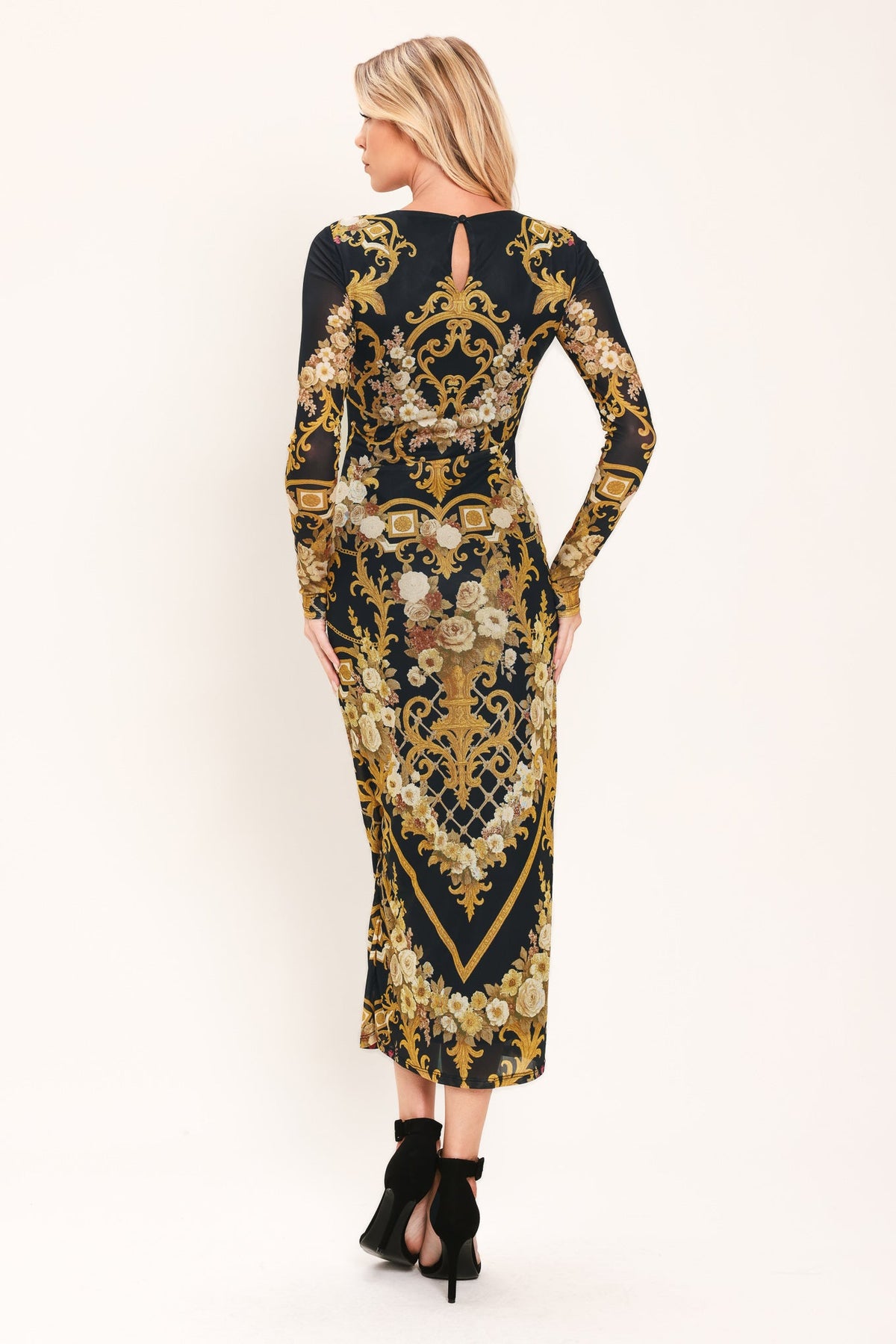 BAROQUE ROSE POWER MESH MIDI DRESS