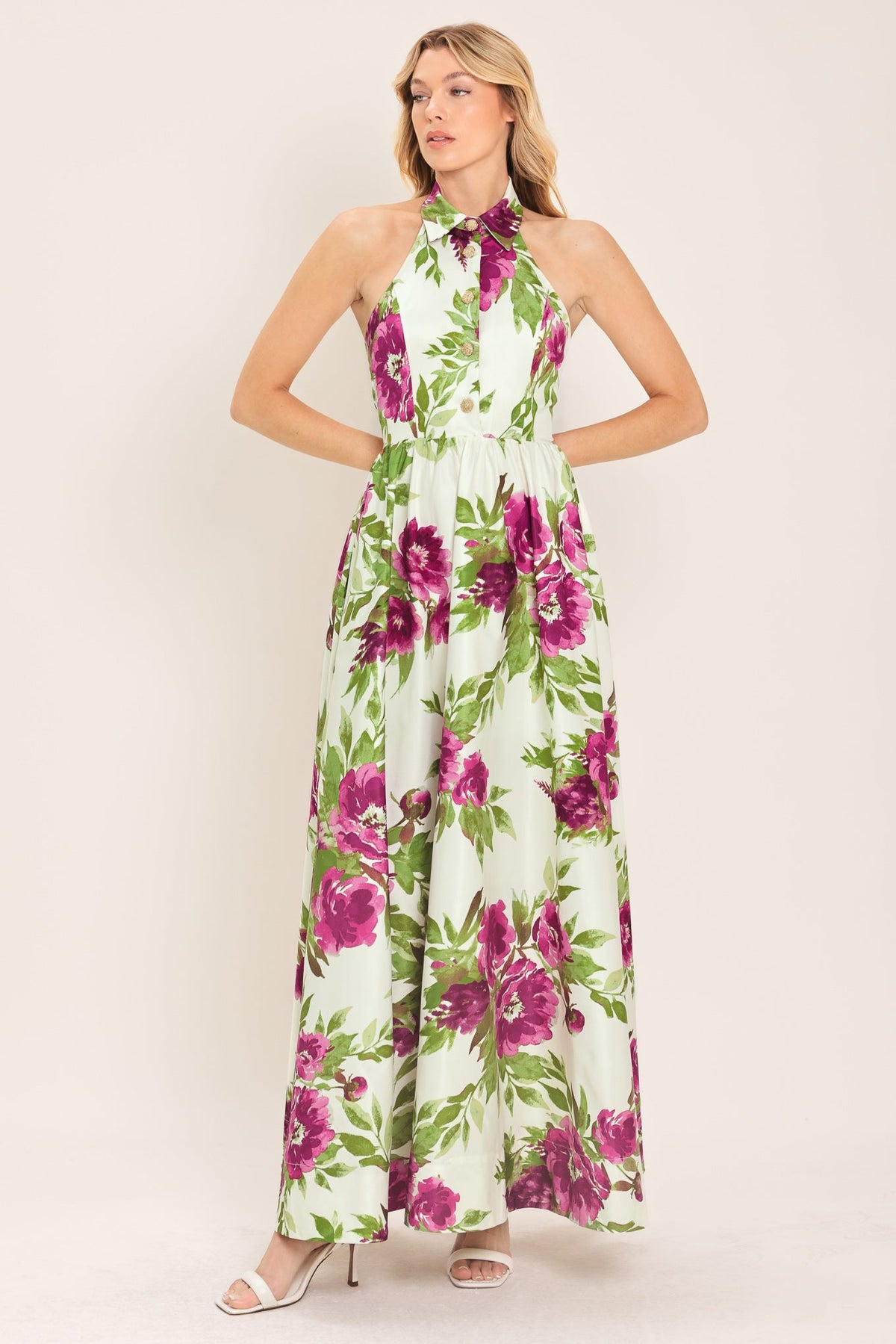FUCHSIA ROSE HALTER WOVEN MAXI DRESS