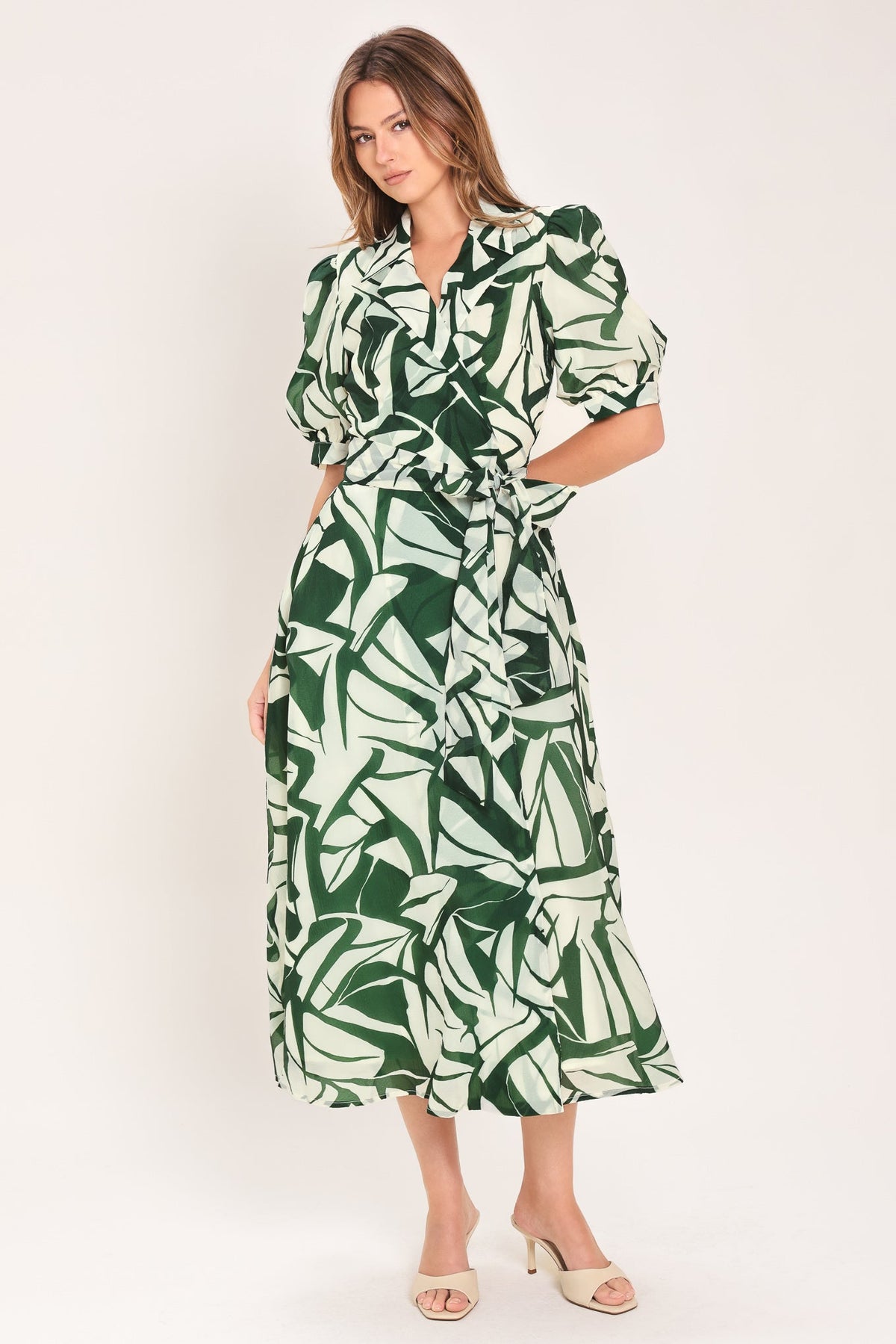 BOTANICAL BREEZE WOVEN TRUE WRAP MIDI DRESS