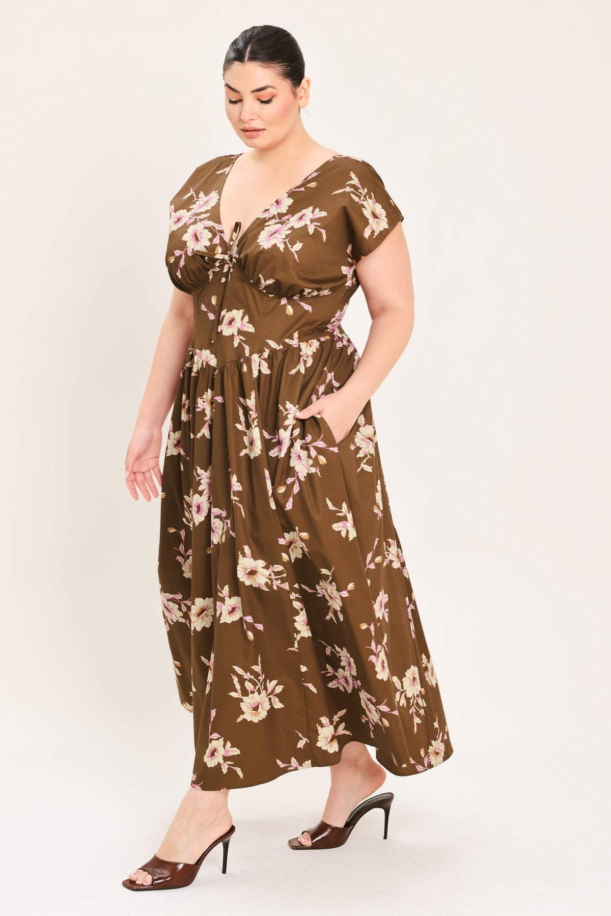 BROWN DAISY WOVEN MIDI DRESS
