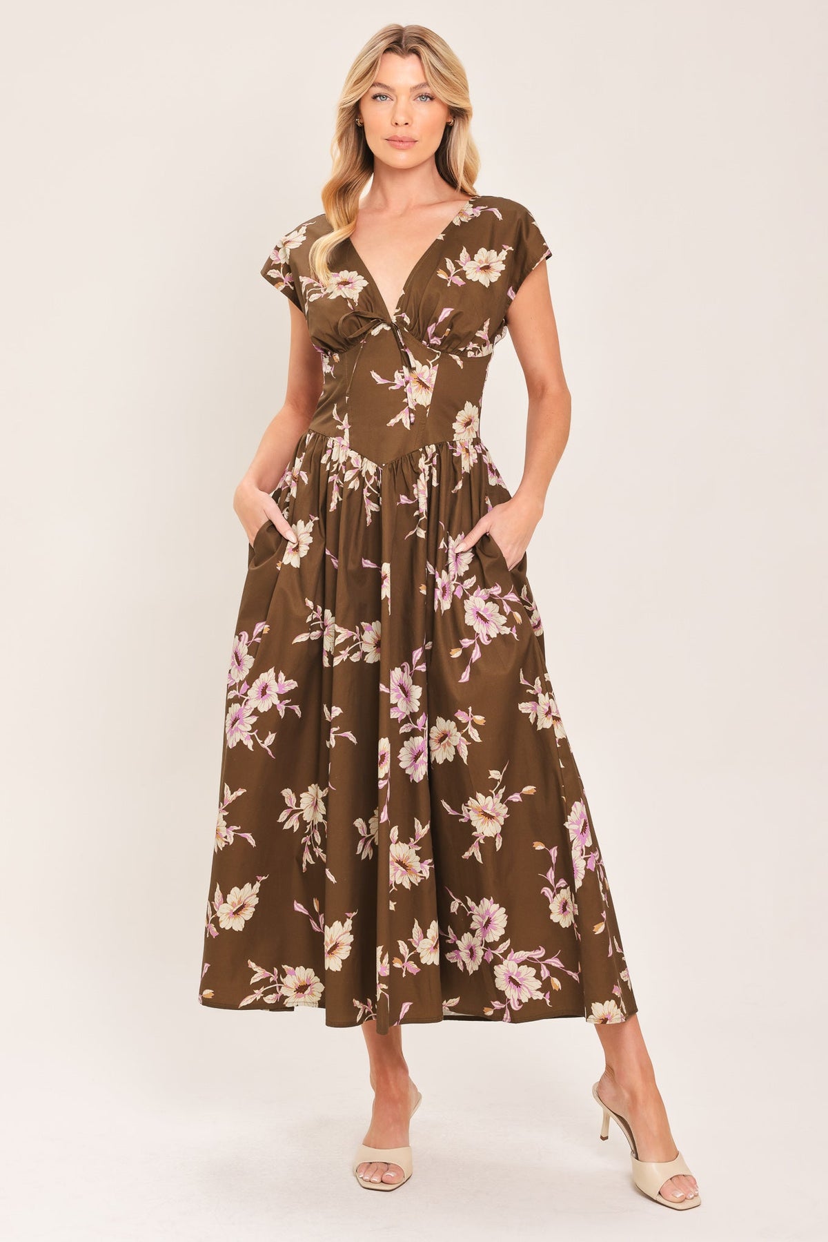 BROWN DAISY WOVEN MIDI DRESS