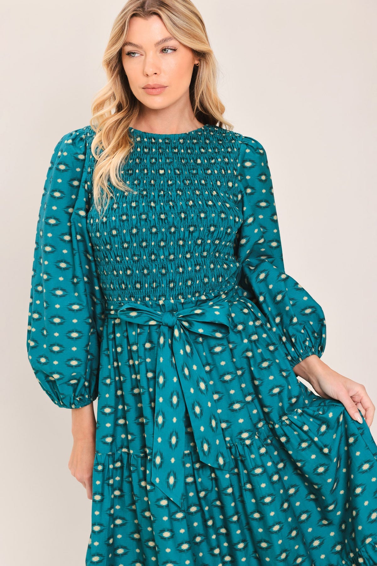 OCEAN DOT RUFFLE WOVEN MIDI DRESS