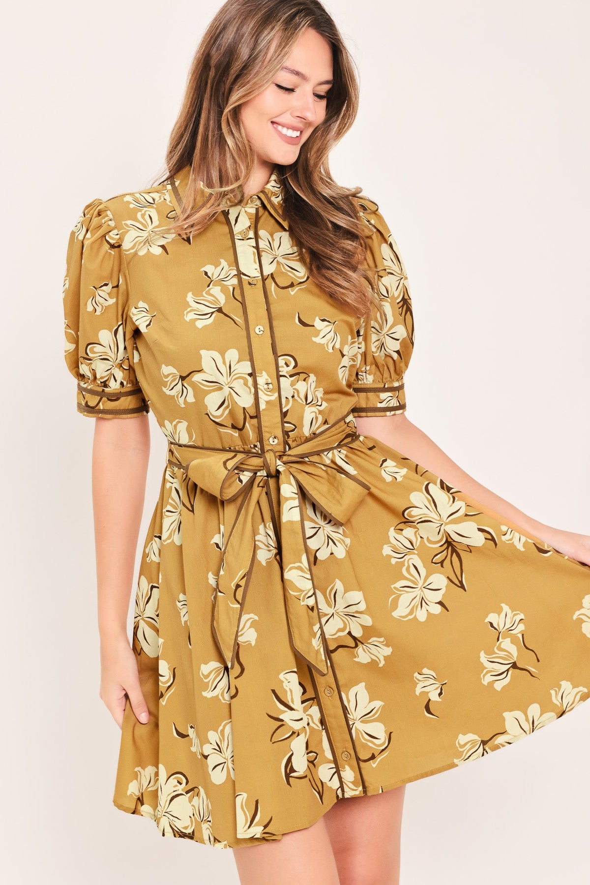 SUNWARM FLORAL CHARM WOVEN MINI SHIRT DRESS