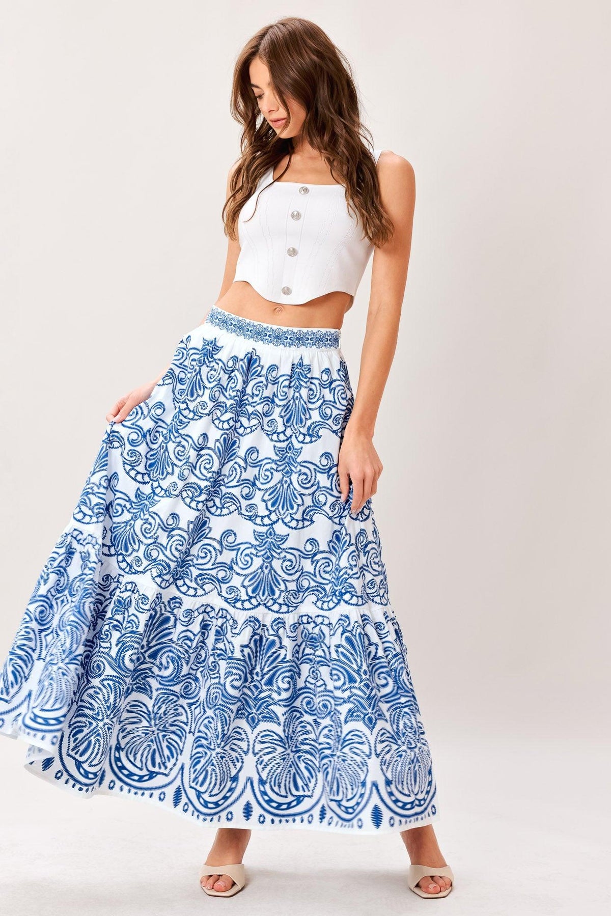 AZURE ORNATE WOVEN FULL MIDI SKIRT