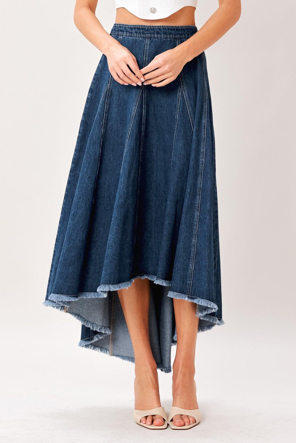 CITY SWING DENIM HI-LO MIDI CIRCLE SKIRT