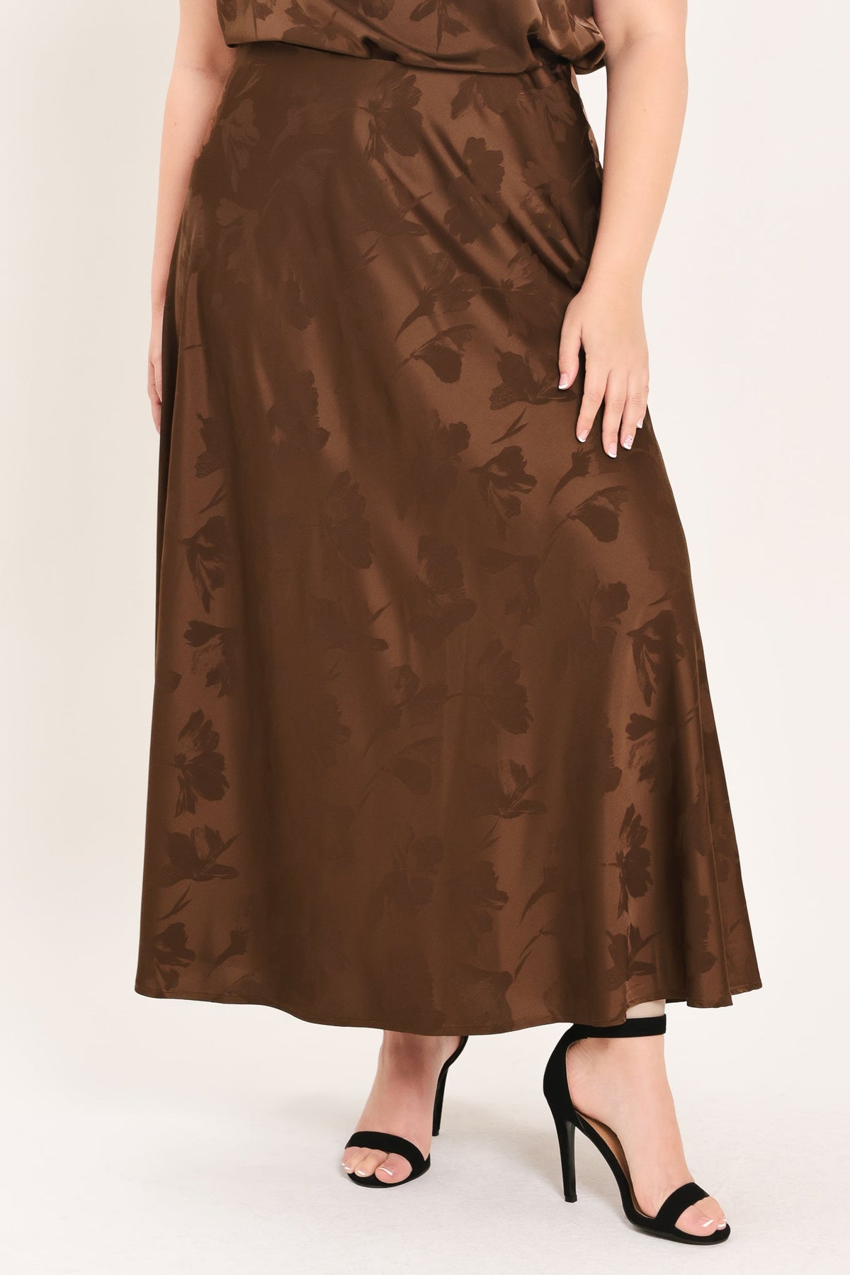CHOCOLATE FLORAL WOVEN JACQUARD MIDI SKIRT
