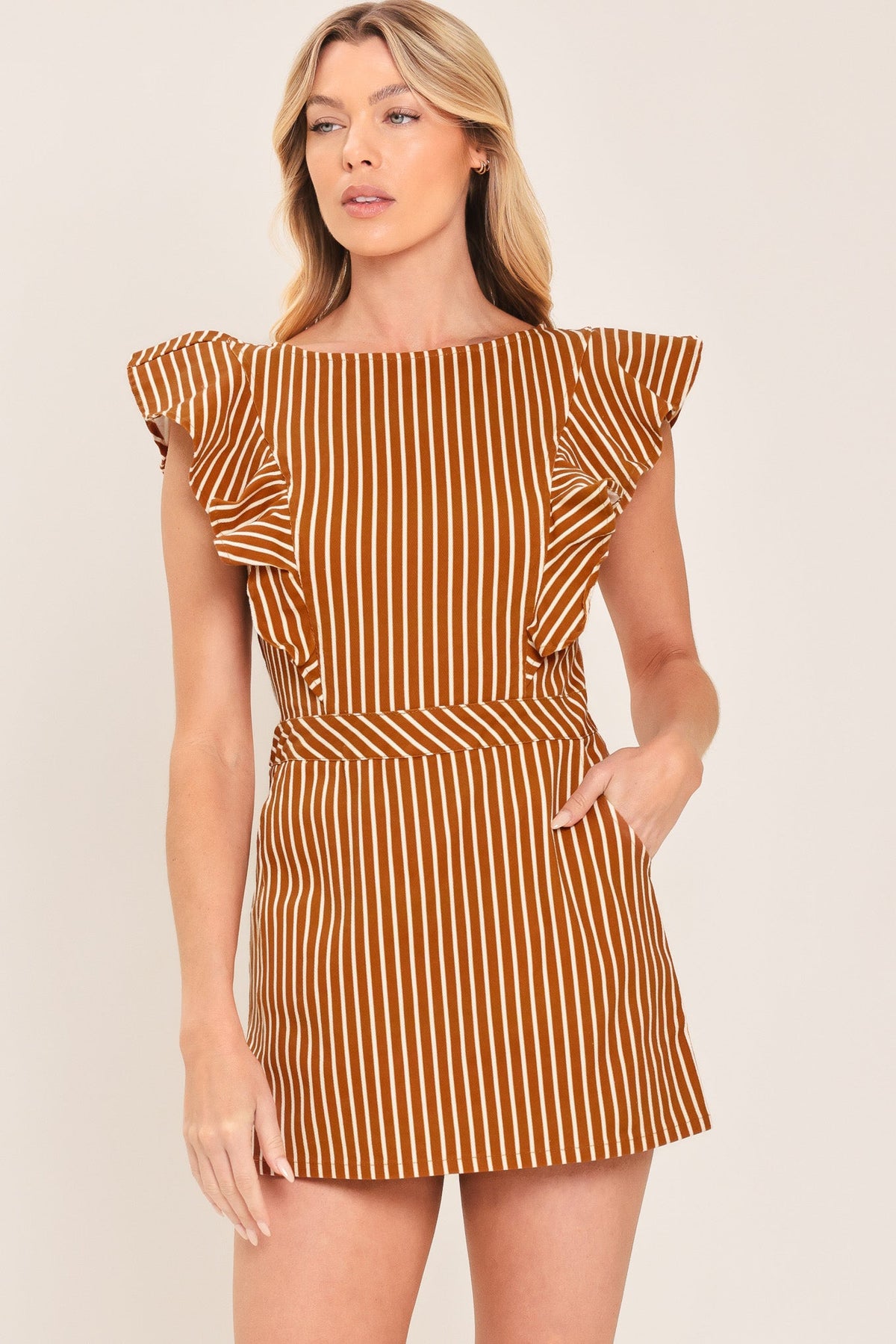 CINNAMON STRIPE WOVEN SKORT ROMPER