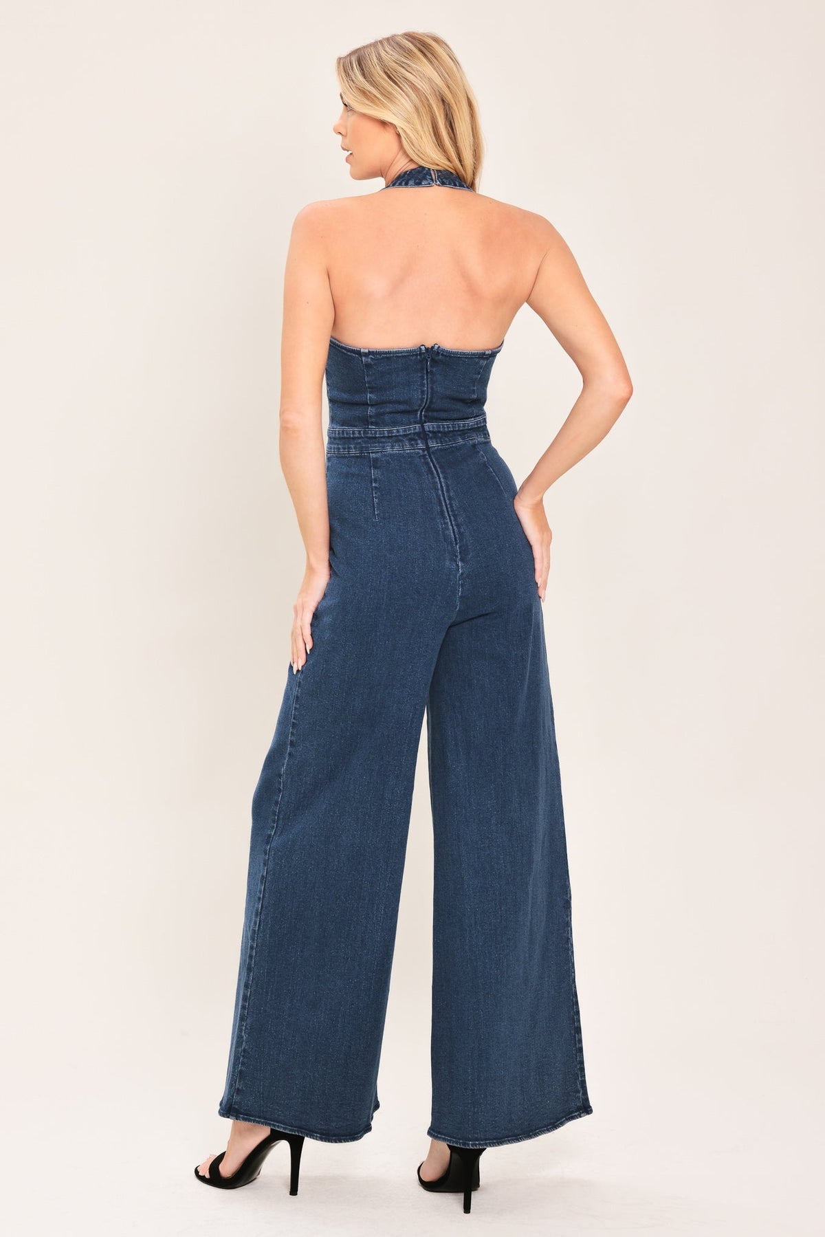 BLUE JEAN HALTER DENIM JUMPSUIT