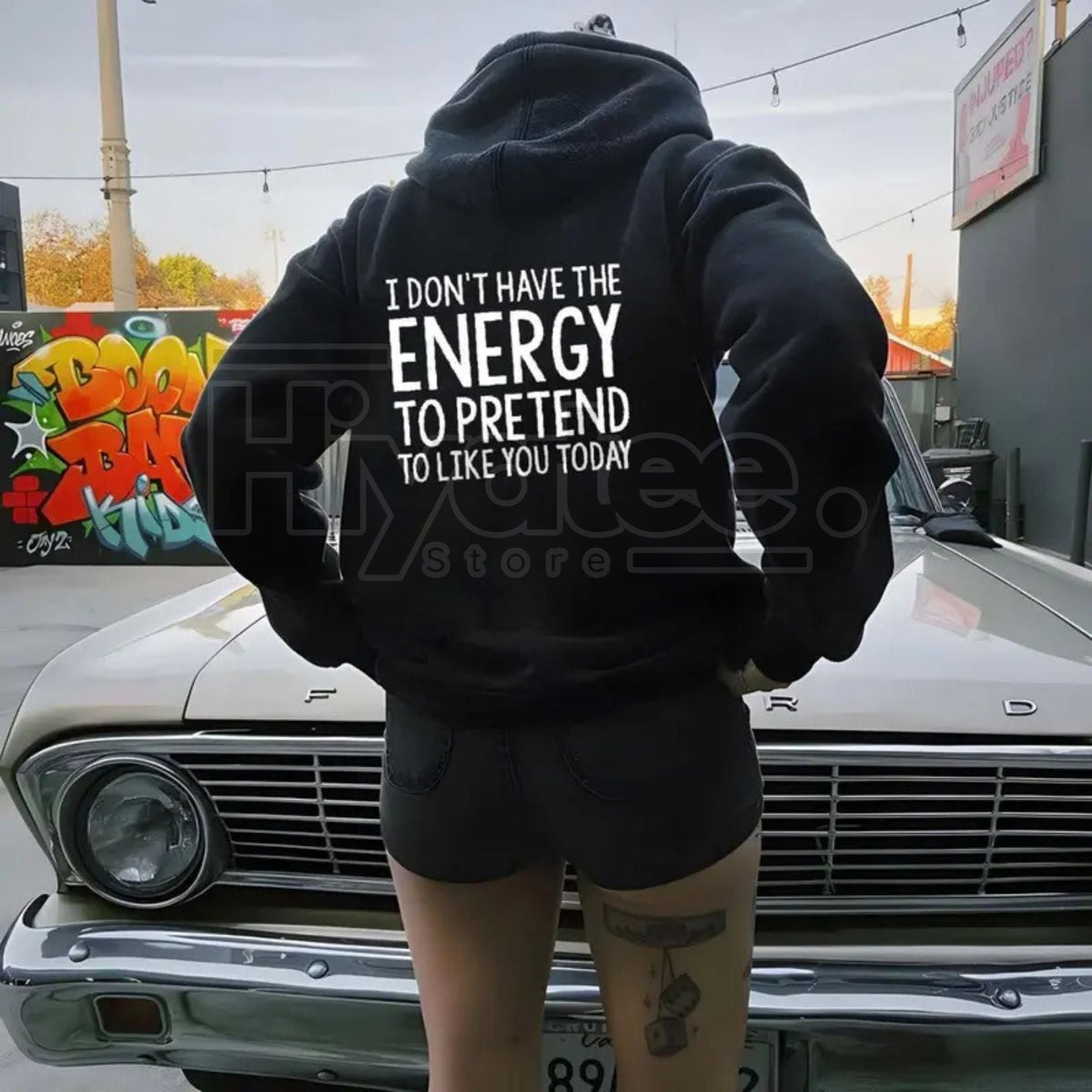 "I Don't Have Energy To Pretend" Hoodie – Aesthetic Tattoo Style Streetwear, Retro Vintage Y2K Women Graphic Pullover