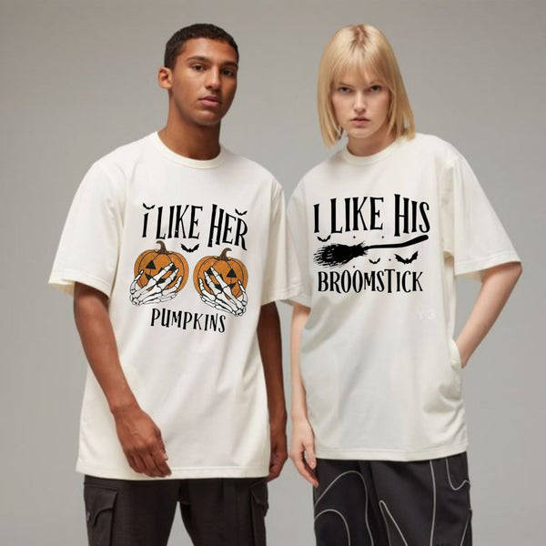 "I Like Her Pumpkins / I Like His Broomstick" T-Shirts - Funny Matching Couple Halloween Tees, Casual Spooky Style