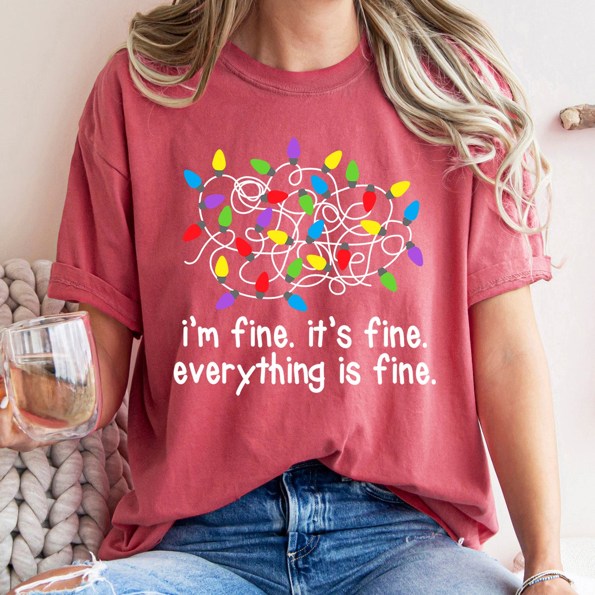 I'm Fine, It's Fine, Everything Is Fine Christmas Lights Edition Comfort Colors Tee