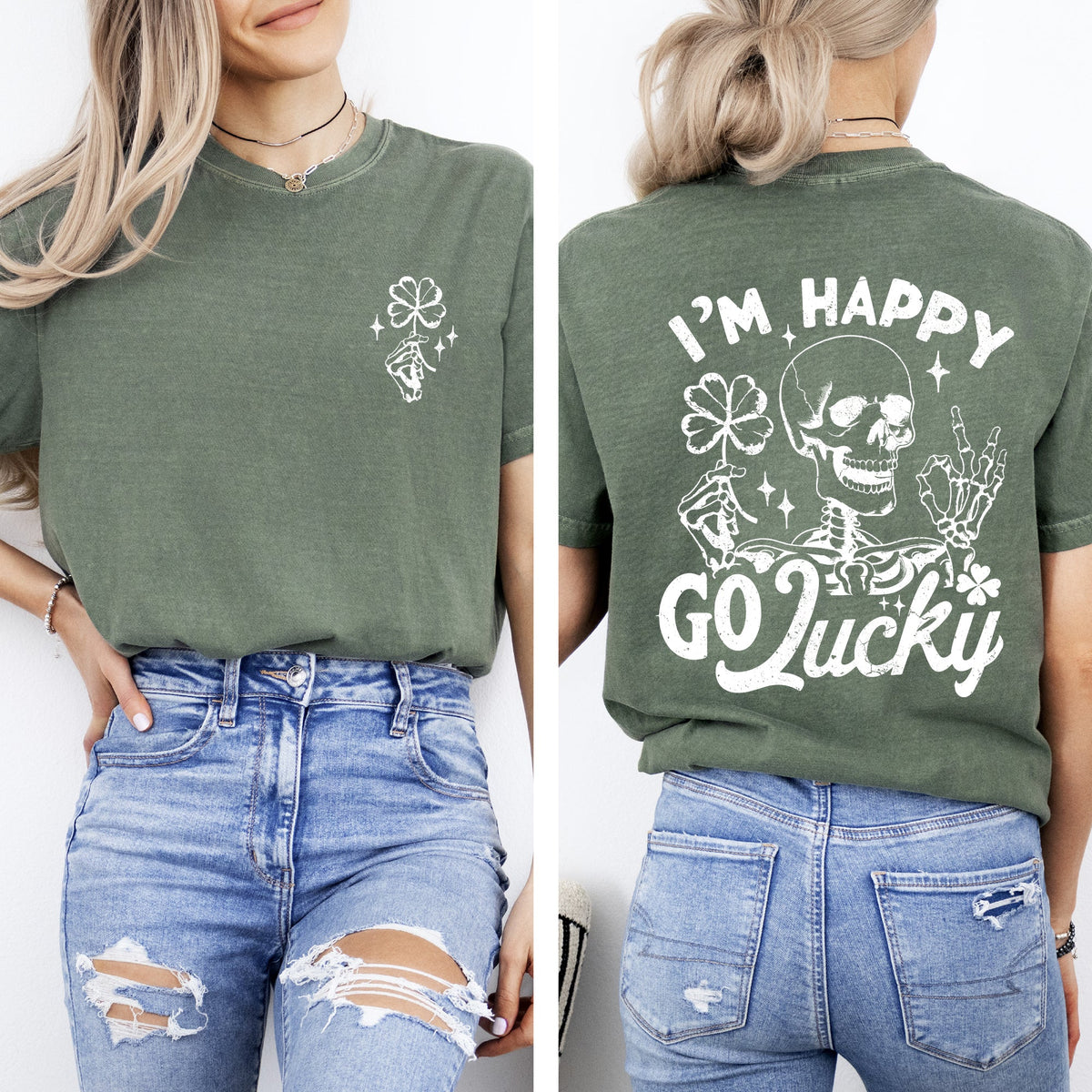 I'm Happy Go Lucky Skeleton St Patrick's Day Shamrock Clover Leprechaun Comfort Colors Tee