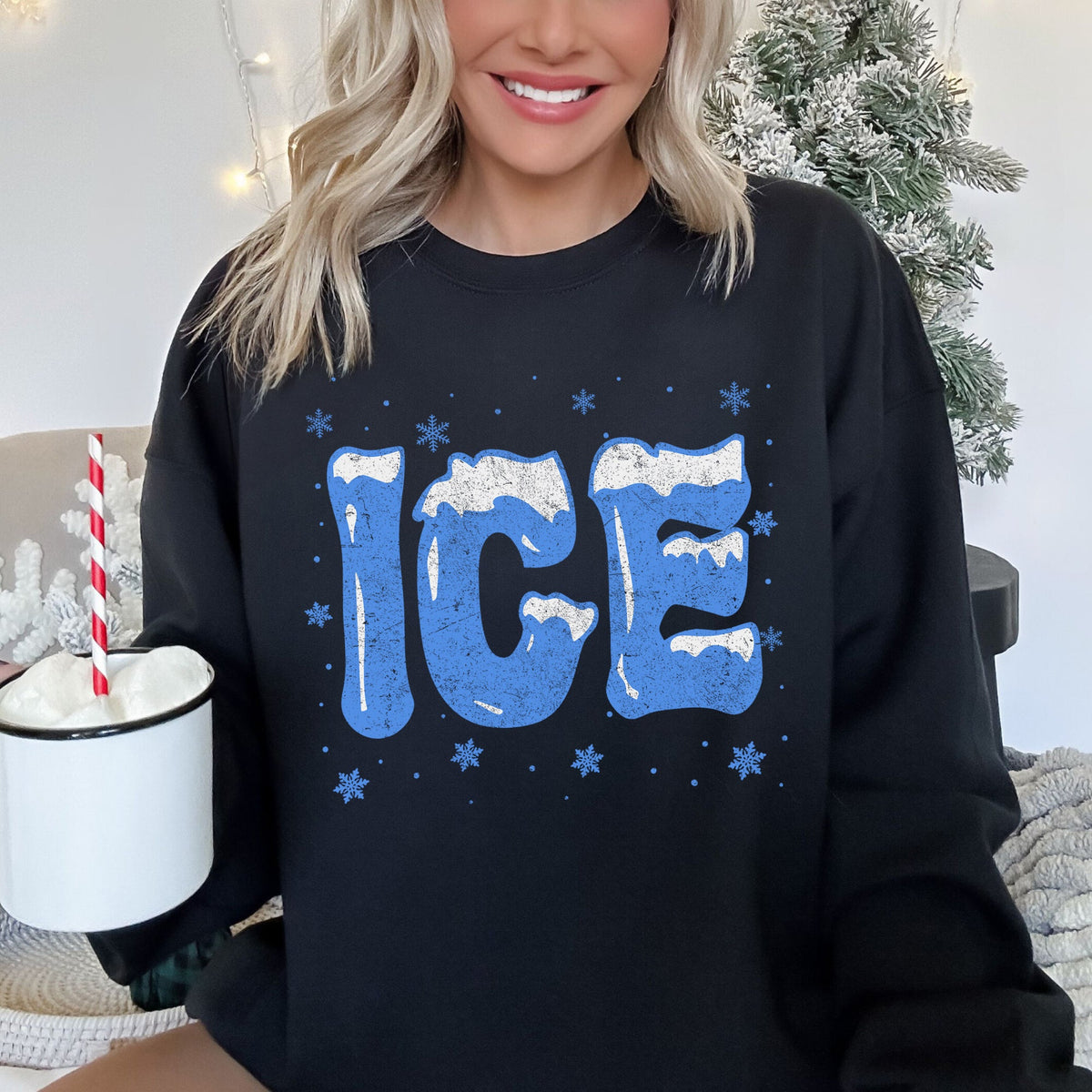 Ice Cold Christmas Winter Retro Nostalgic Snowy Night Sky Village Lights Mistletoe Winter Scene Sweatshirt