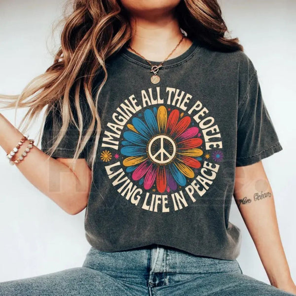 "Imagine Peace" Floral Daisy T-Shirt – Boho Hippie Peace Sign Graphic Tee