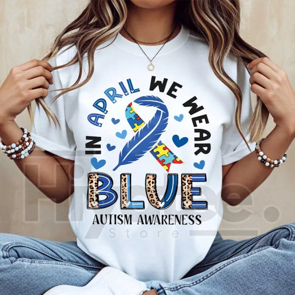 "In April We Wear Blue" Autism Awareness – Ribbon Puzzle Piece Women's Top