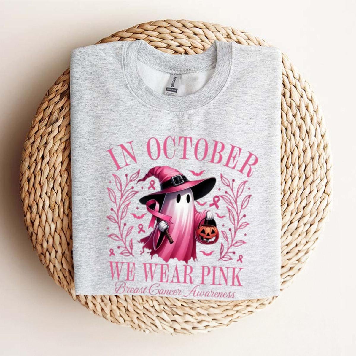 In October We Wear Pink Ghost T-Shirt - Breast Cancer Awareness & Halloween Tee, Pink Ribbon Shirt