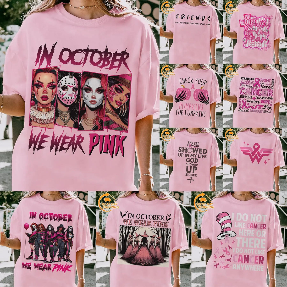 "In October We Wear Pink" Horror T-Shirt - Halloween Breast Cancer Awareness Tee, Cancer Survivor Support Squad Shirt