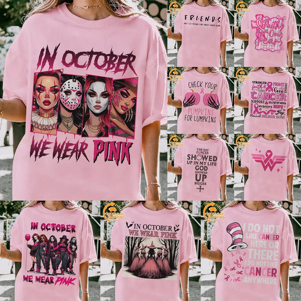 "In October We Wear Pink" Horror T-Shirt - Halloween Breast Cancer Awareness Tee, Cancer Survivor Support Squad Shirt
