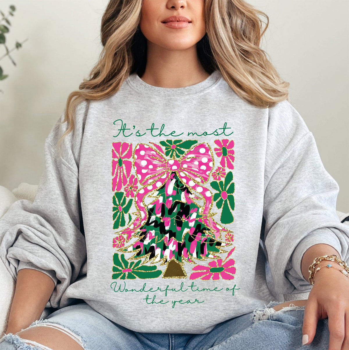 It's The Most Wonderful Time Of The Year Floral Faux Gold Christmas Botanical Sweatshirt