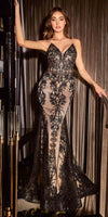 Cinderella Divine J810 Long Fitted Mermaid Gown Metallic Embroidered Lace