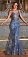 Ladivine J810 Long Fitted Floral Glitter Print Corset Gown