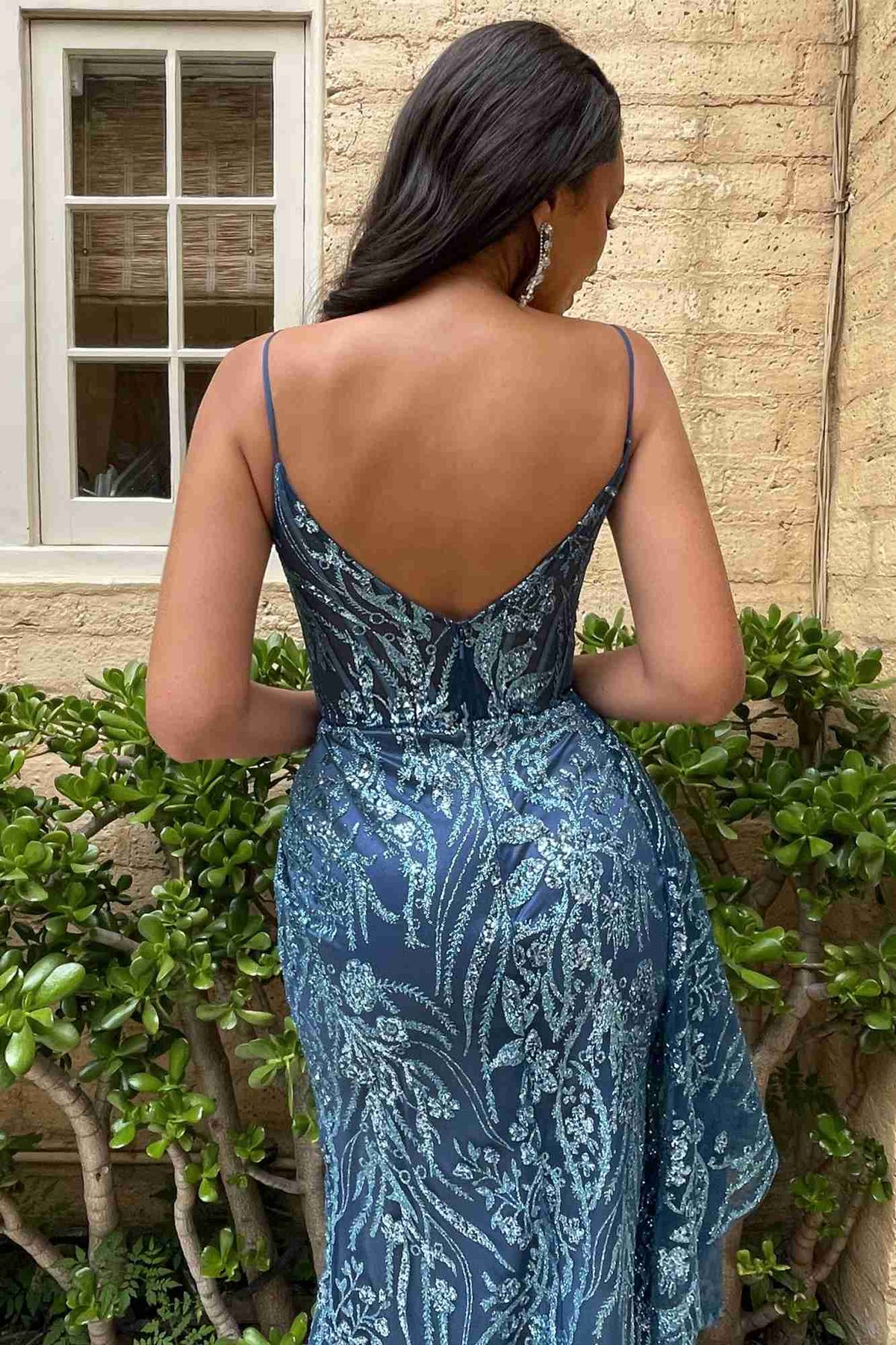 Ladivine J856 Floor Length Fit and Flare Glitter Print Gown Side Peplum