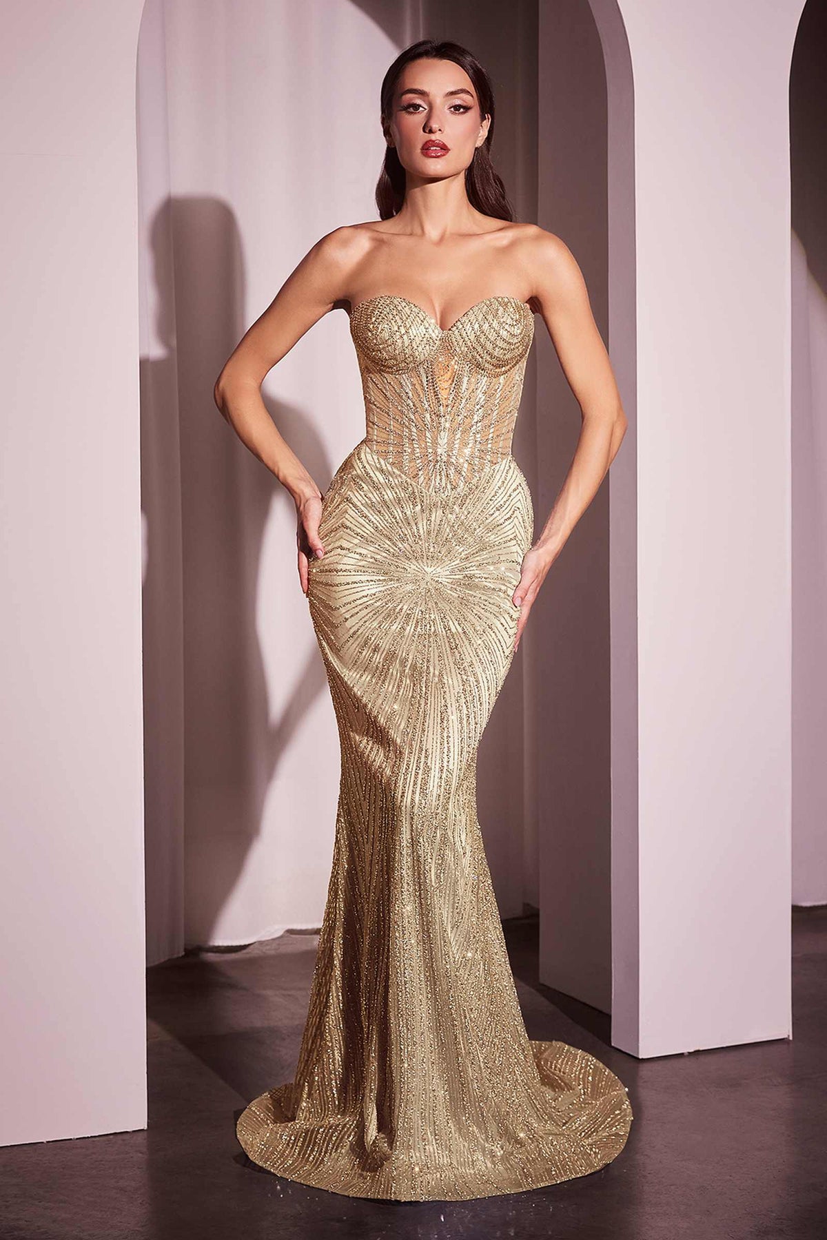 CLEARANCE - Ladivine J871 Long Sultry Fitted Strapless Gold Gown (Size 16)