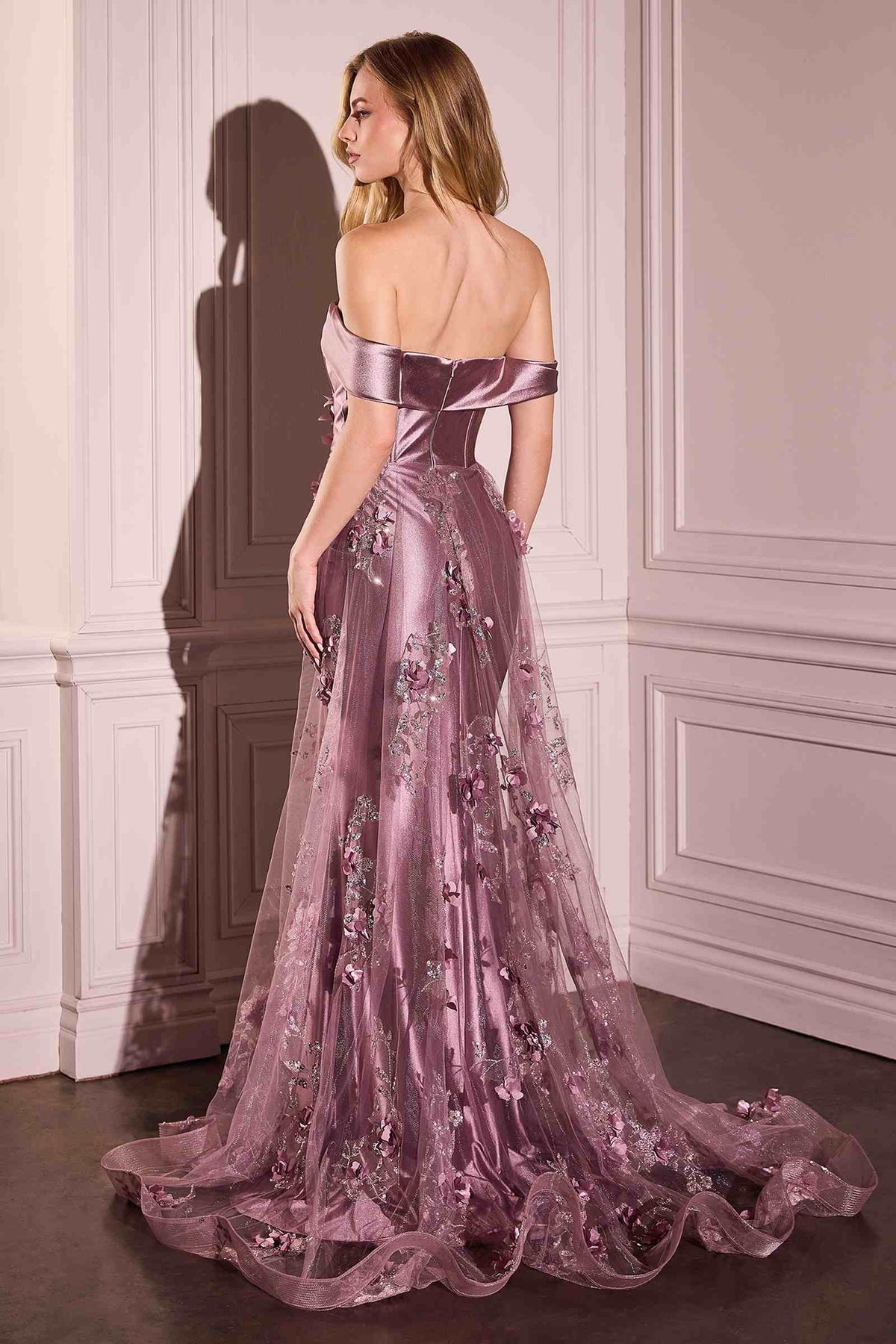 Ladivine J876 Dress Embellished Satin Fitted Gown With Tulle Overskirt