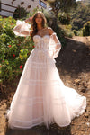 Nox Anabel JE1001L Long Puff Sleeve Strapless Corset A-Line Bridal Gown