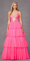 Juliet JT2457H Long Tiered Ruffled Tulle A-Line Sequin Bodice Dress