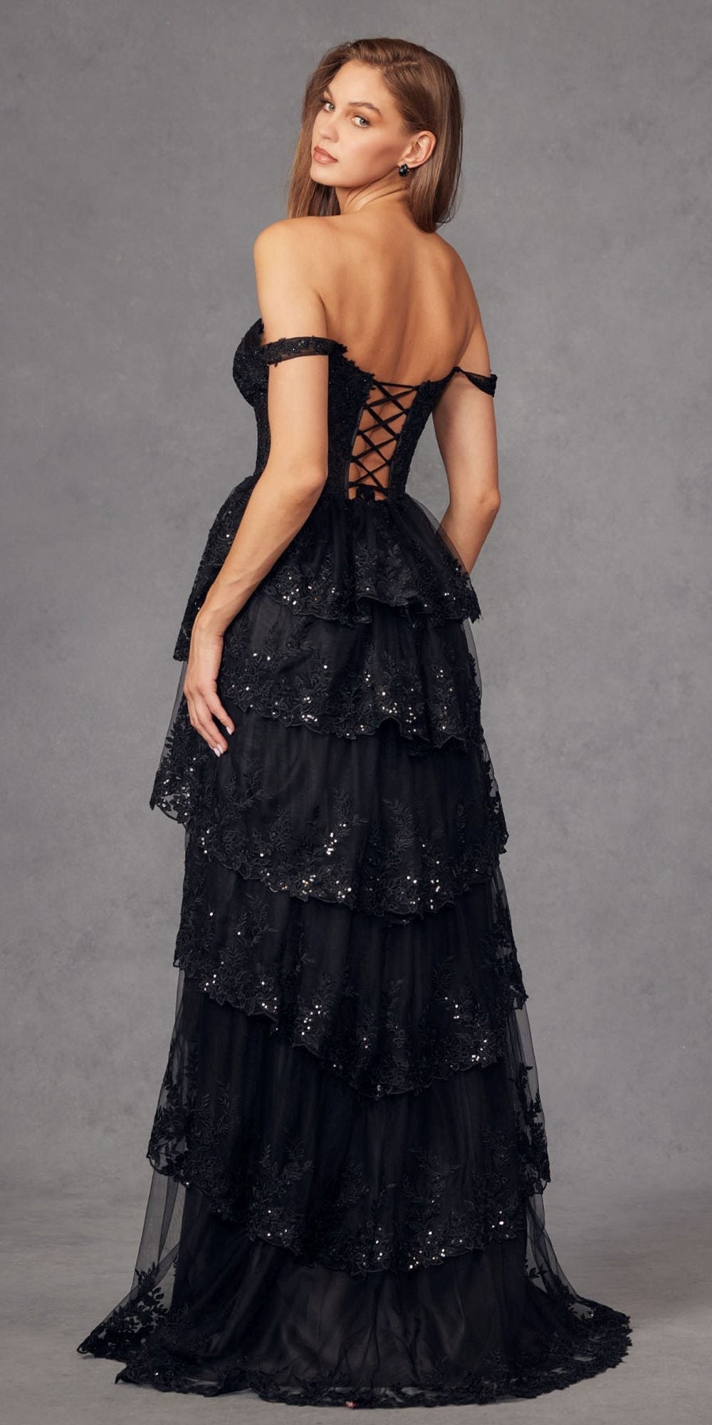 Juliet JT2463A Long Tiered Ruffled Skirt A-Line Boned Bodice Dress