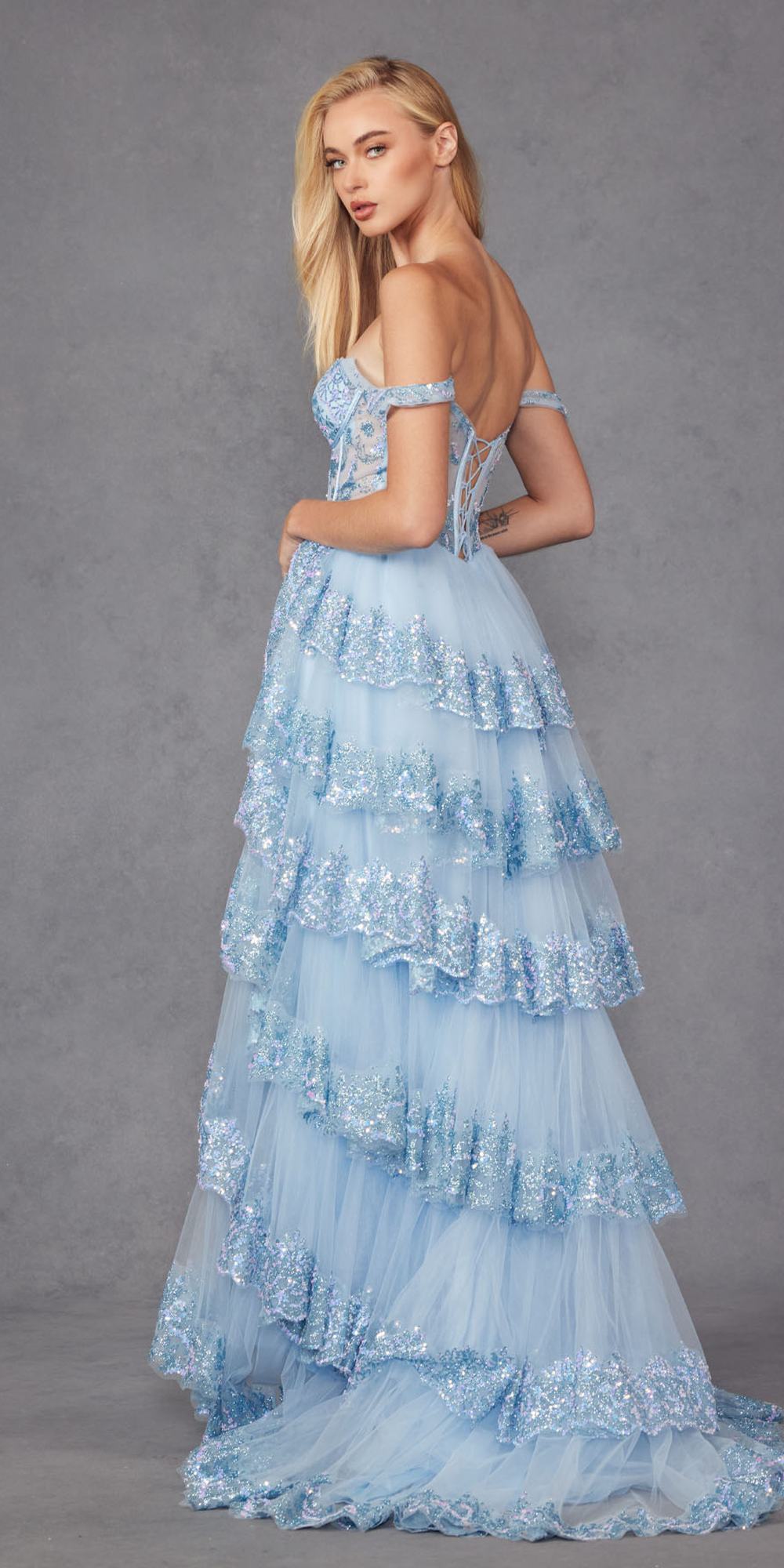 Juliet JT2467K Long Off the Shoulder Draped Sleeve A-Line Gown