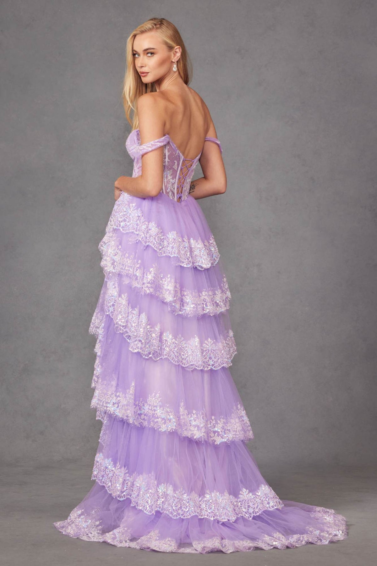 Juliet JT2467K Long Off the Shoulder Draped Sleeve A-Line Gown