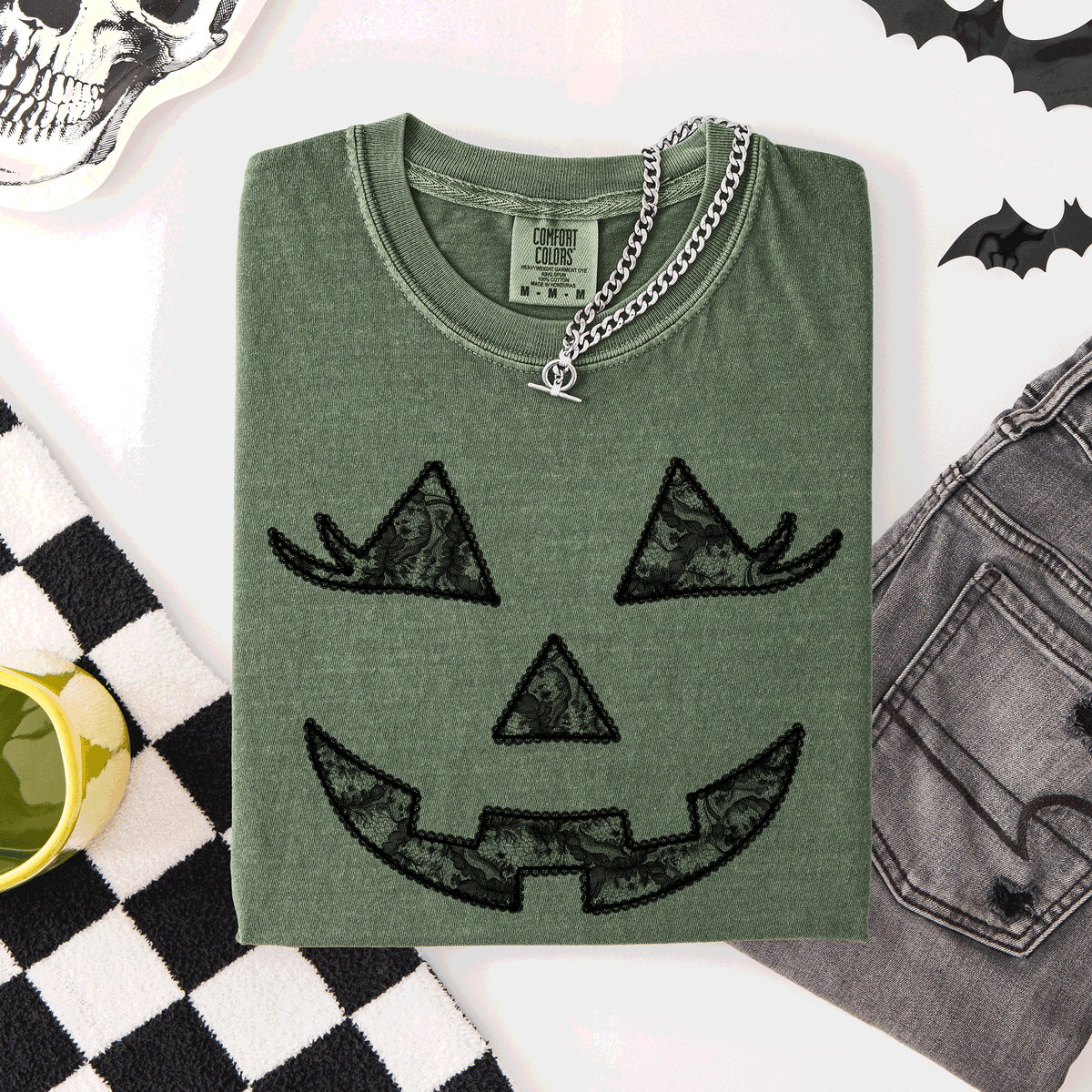 Jack-O-Lantern Coquette Faux Lace Halloween Motif Delicate Detail Print Comfort Colors Tee