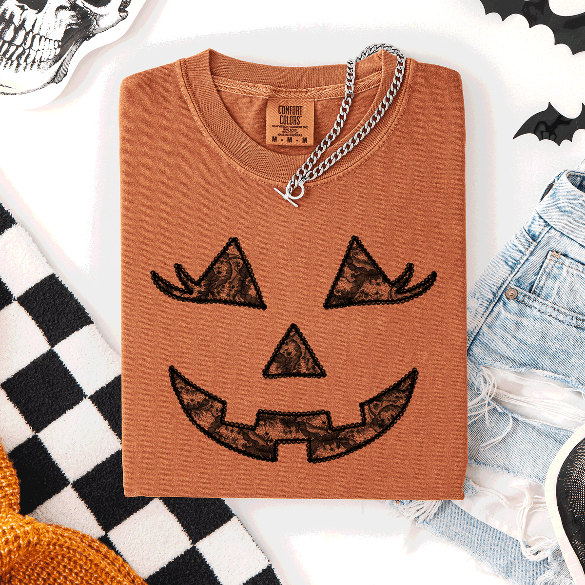 Jack-O-Lantern Coquette Faux Lace Halloween Motif Delicate Detail Print Comfort Colors Tee