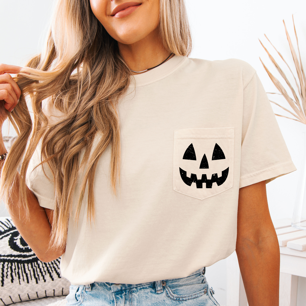 Jack o Lantern Coquette Faux Lace Halloween Spooky Pumpkin Pocket Premium Graphic Tee