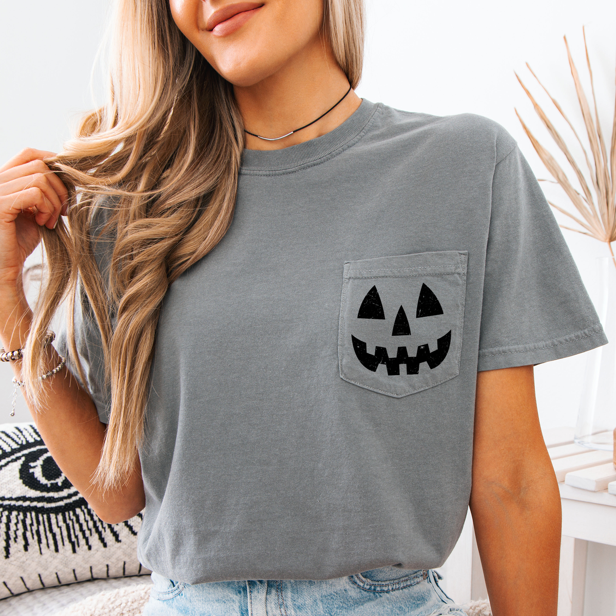 Jack o Lantern Coquette Faux Lace Halloween Spooky Pumpkin Pocket Premium Graphic Tee