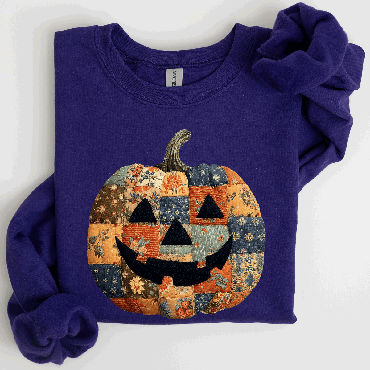 Jack O Lantern Faux Quilt Pumpkin Halloween Fall Autumn Cozy Patchwork Style Sweatshirt