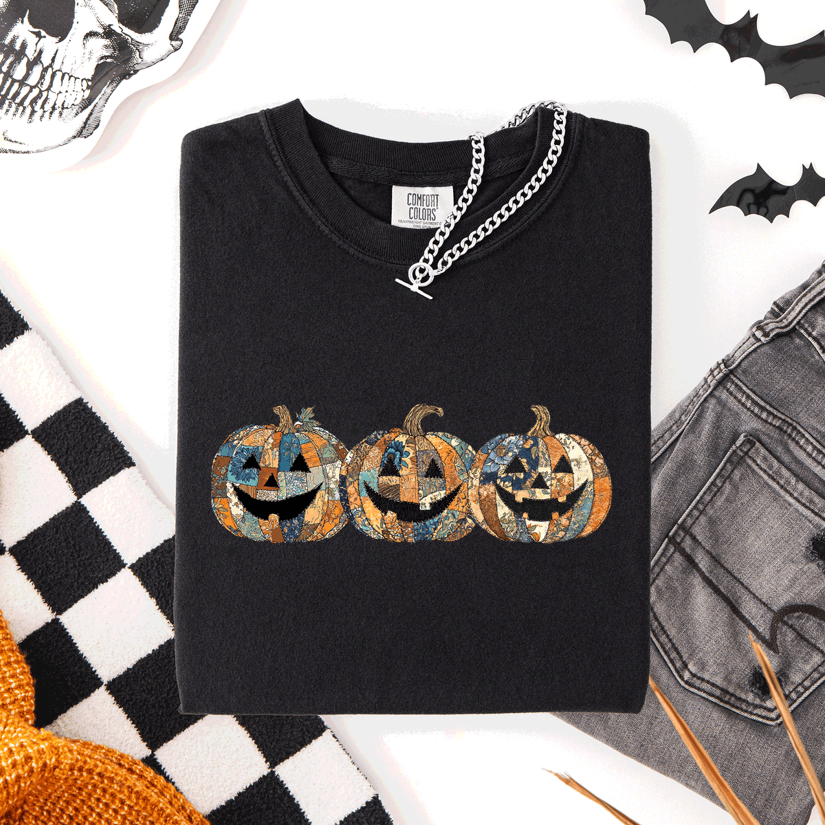 Jack O Lanterns Faux Quilt Classic Halloween Fall Autumn Trad Comfort Colors Tee