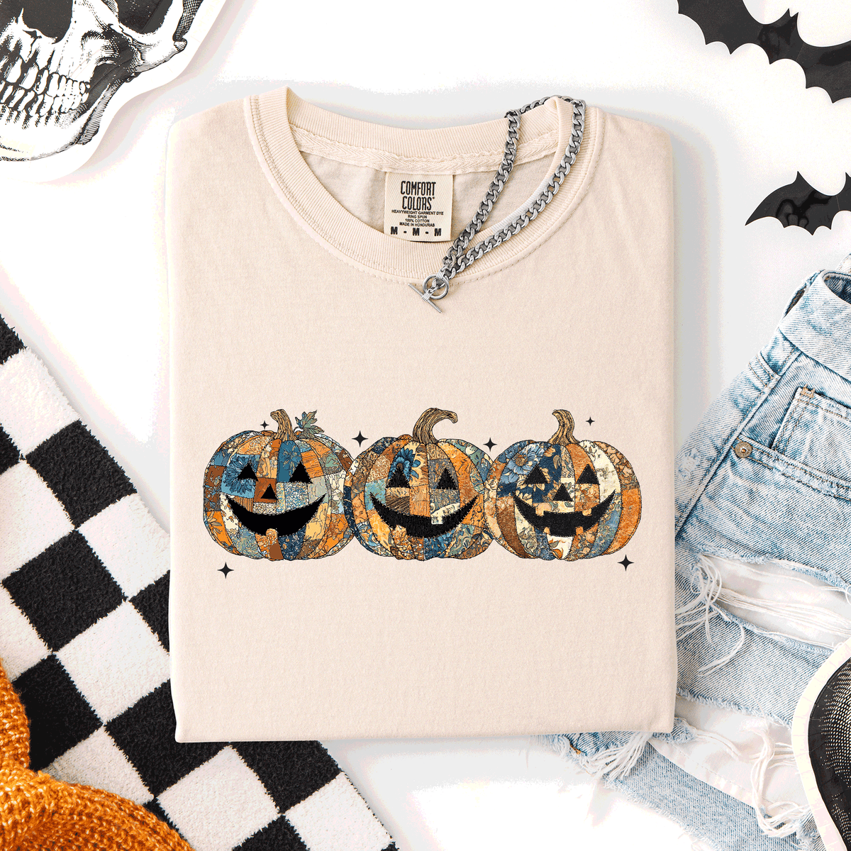 Jack O Lanterns Faux Quilt Classic Halloween Fall Autumn Trad Comfort Colors Tee